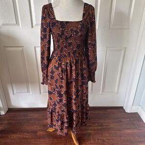 Nine West Womens Dress Small Shirred Long Sleeve Midi Brown Lined Boho